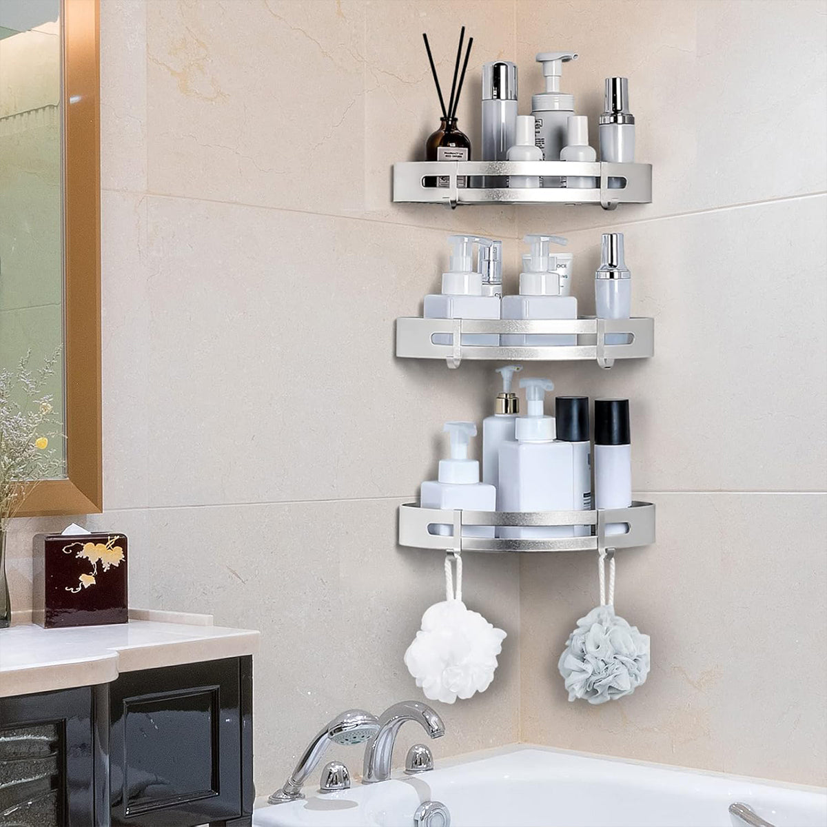 Wall-Mounted Bathroom Corner Shelf, Triangle Shower Storage Rack for Toiletries