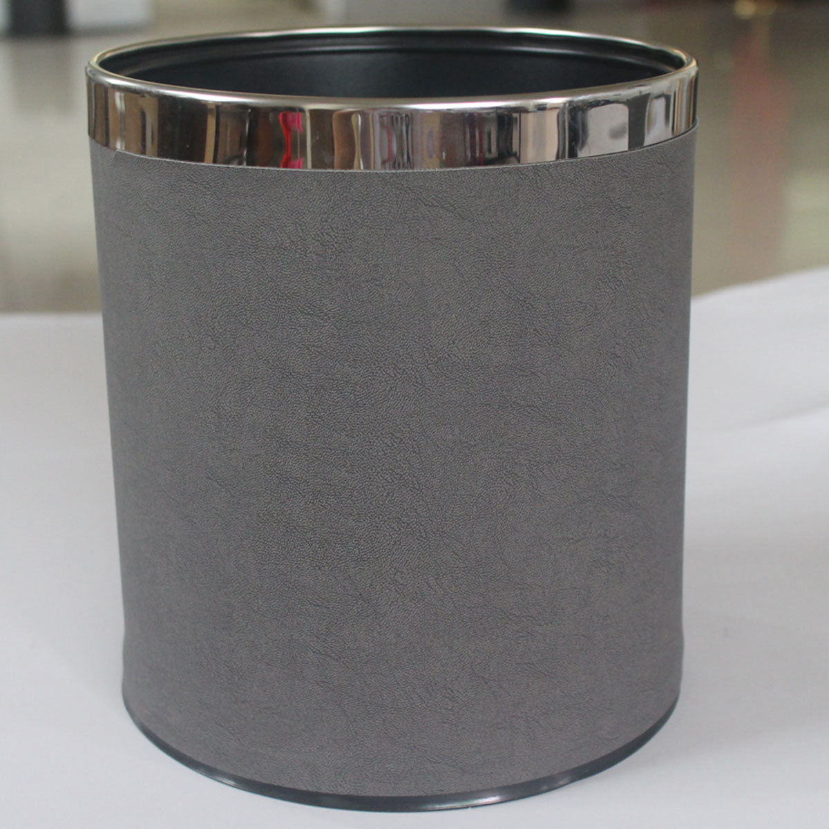 Leather Trash Bin with Metal Lining for Hotel Office and Guest Room