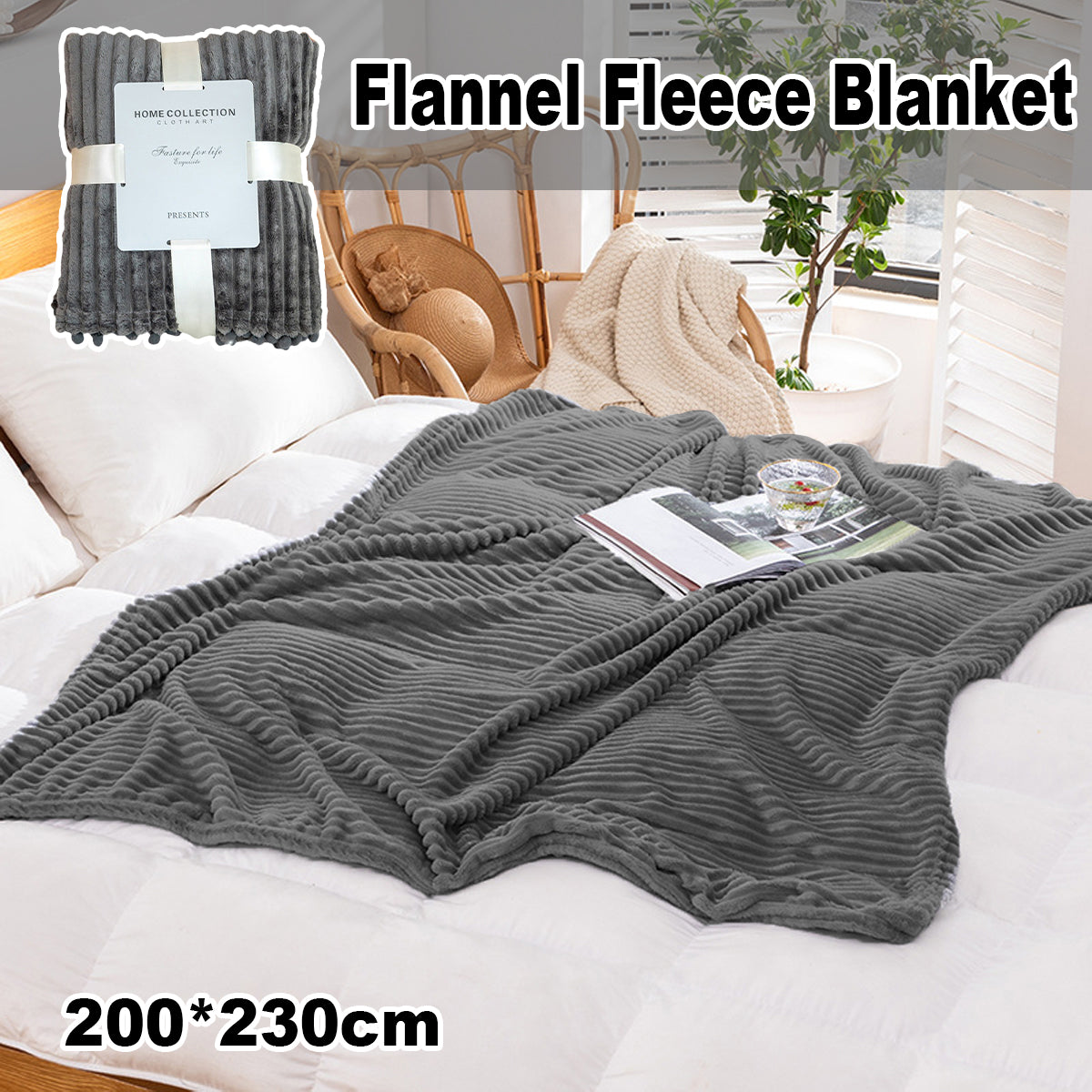 Grey Flannel Stripe Blanket for Sofa Bed Hotel or Guesthouse Use