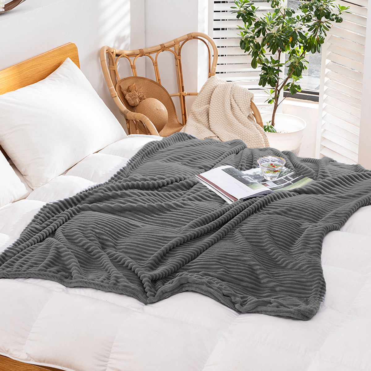 Grey Flannel Stripe Blanket for Sofa Bed Hotel or Guesthouse Use