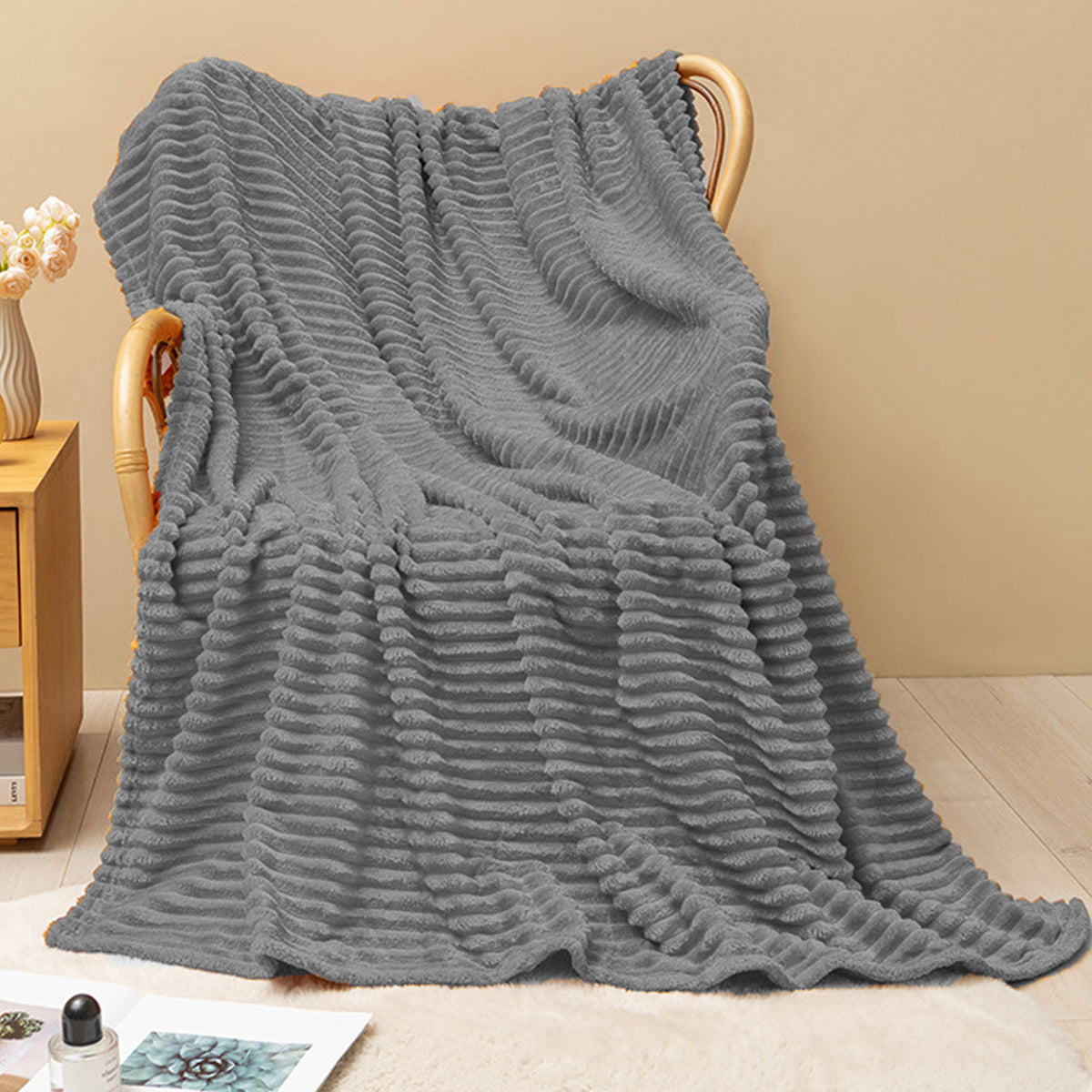 Grey Flannel Stripe Blanket for Sofa Bed Hotel or Guesthouse Use