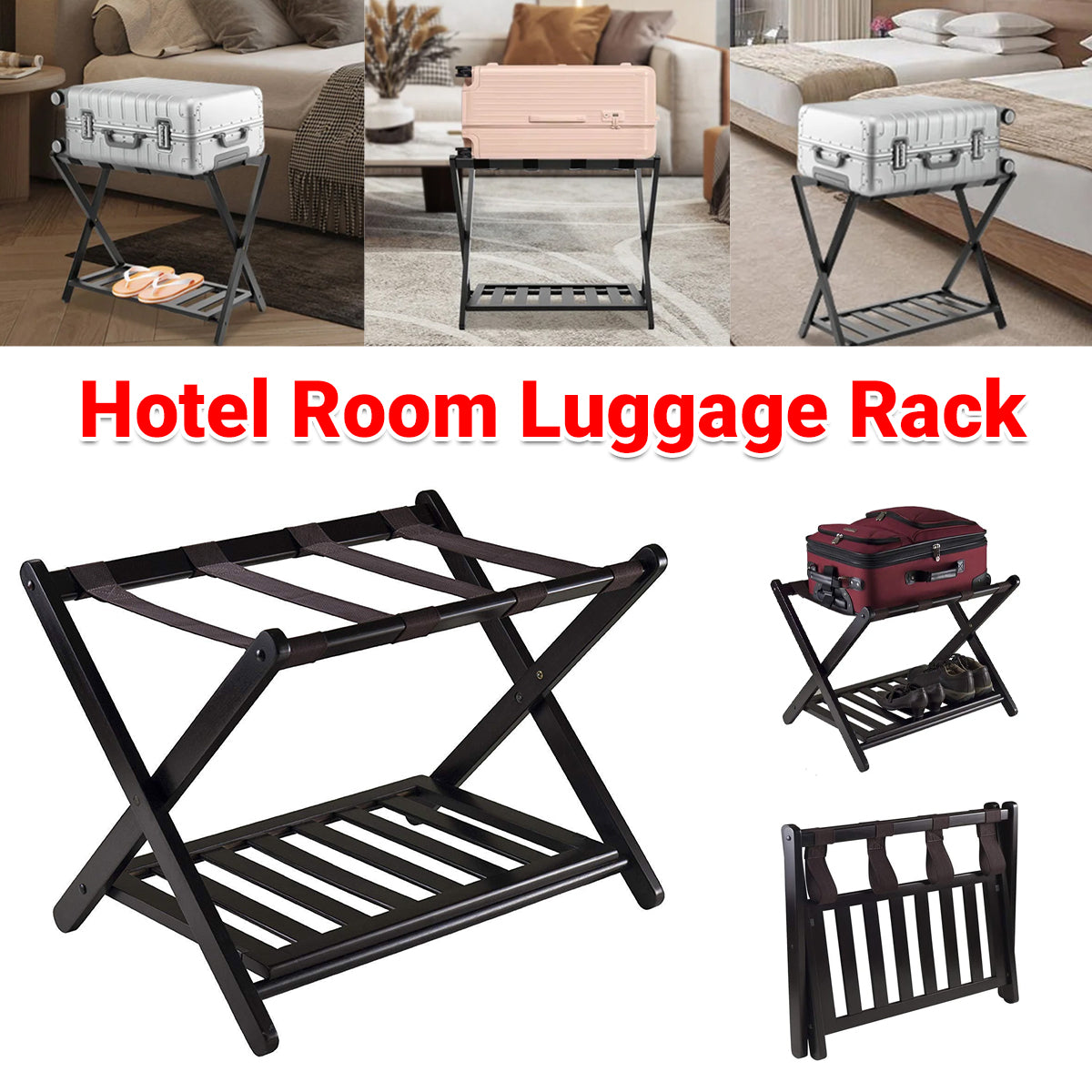 Foldable Bamboo Luggage Rack Hotel Room Portable Suitcase Holder Travel Rack