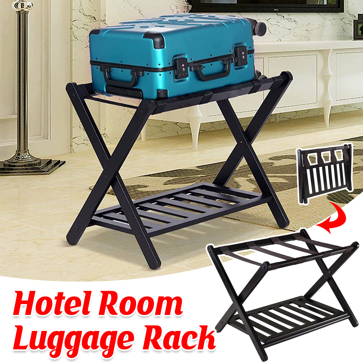 Foldable Bamboo Luggage Rack Hotel Room Portable Suitcase Holder Travel Rack