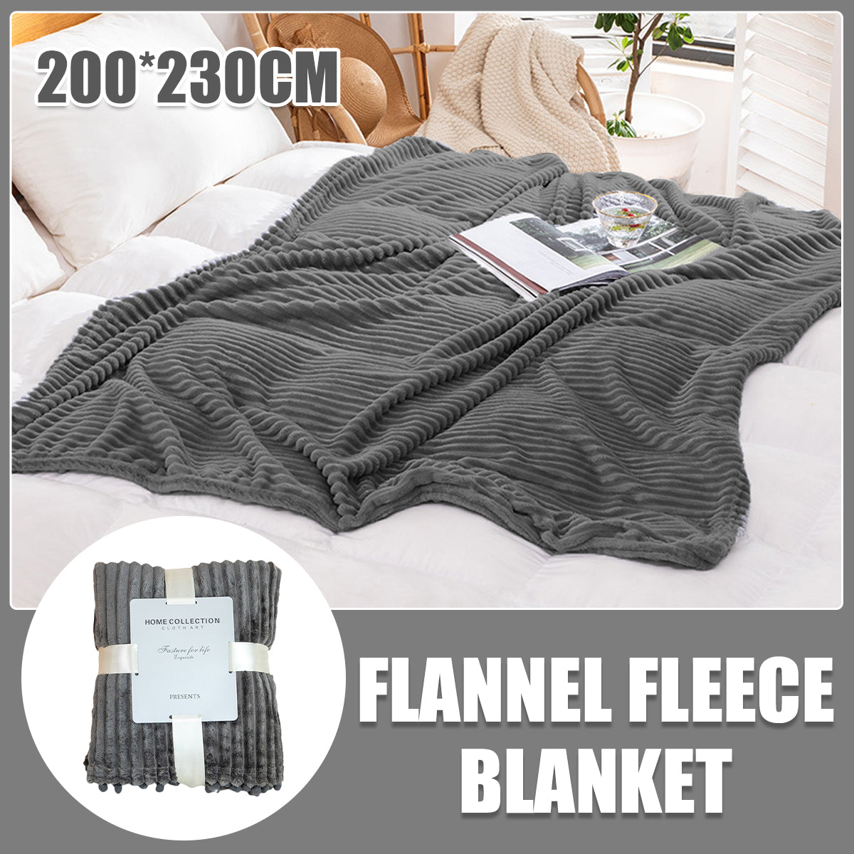 Grey Flannel Stripe Blanket for Sofa Bed Hotel or Guesthouse Use