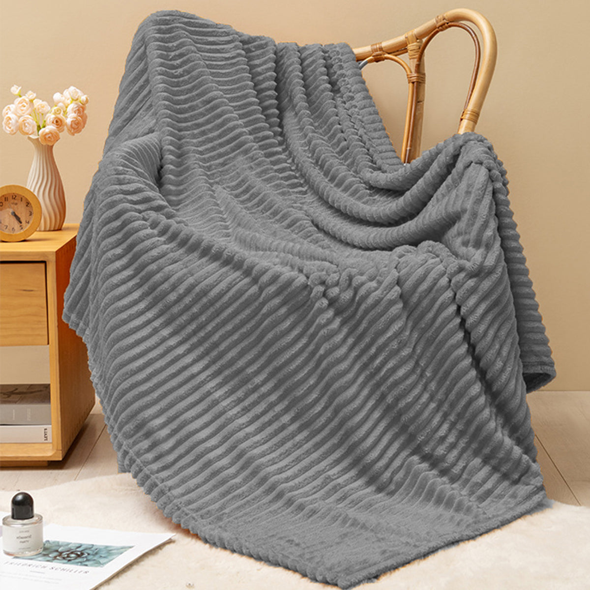 Grey Flannel Stripe Blanket for Sofa Bed Hotel or Guesthouse Use