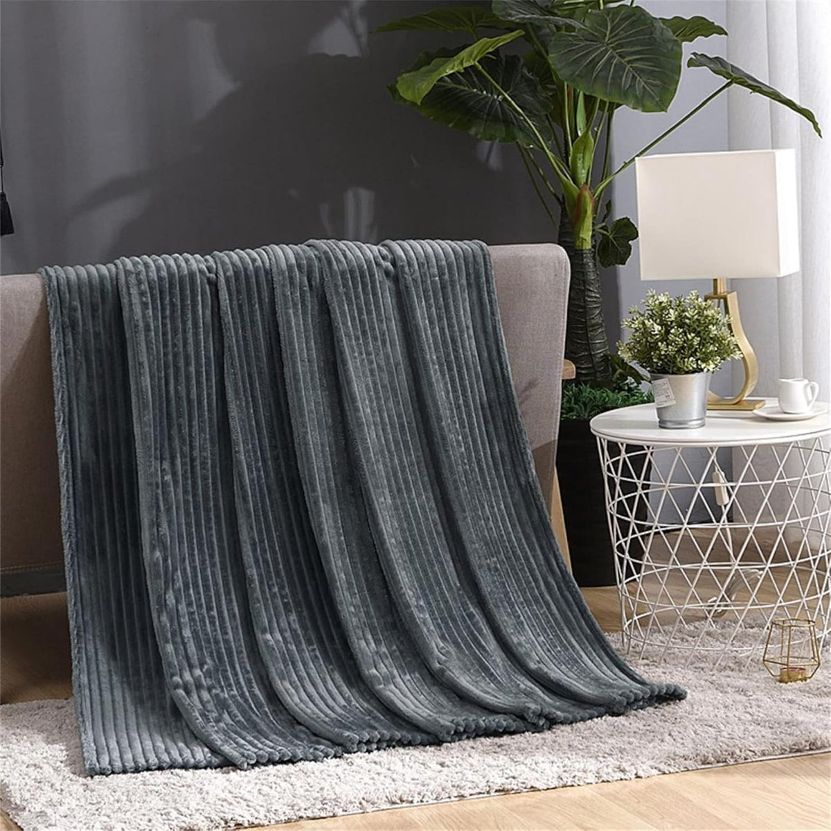 Grey Flannel Stripe Blanket for Sofa Bed Hotel or Guesthouse Use