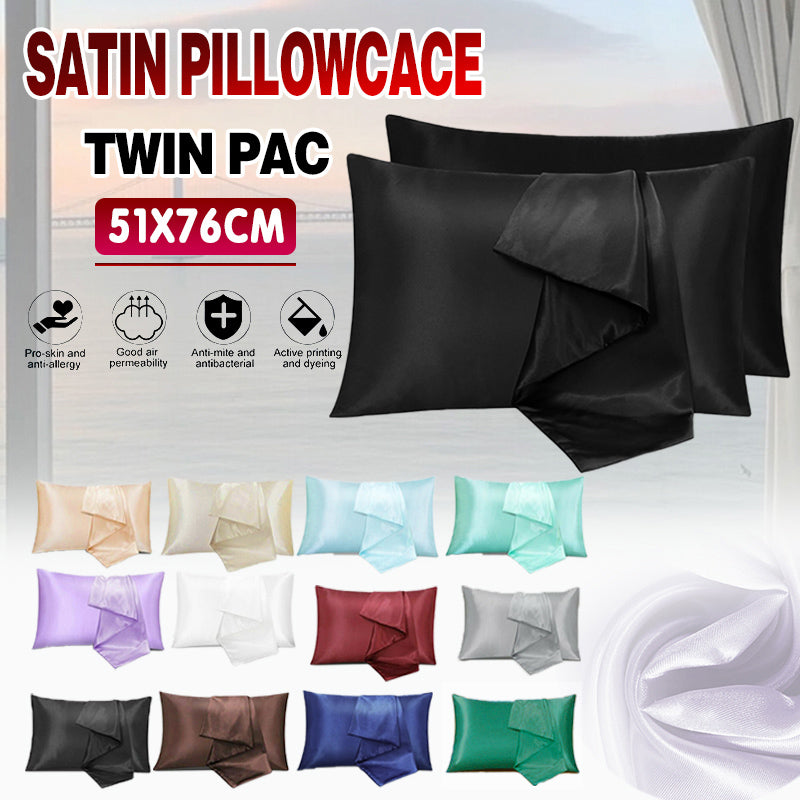 2 Pack Satin Pillowcases Solid Colour Polyester 51 x 76cm